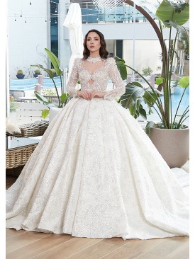 Uzun Kollu Model Prenses Gelinlik